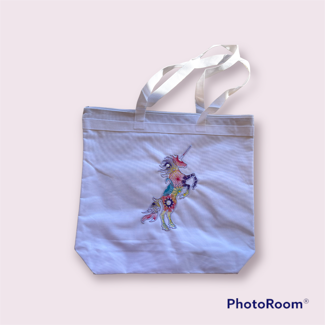 Spiral unicorn on white tote bag